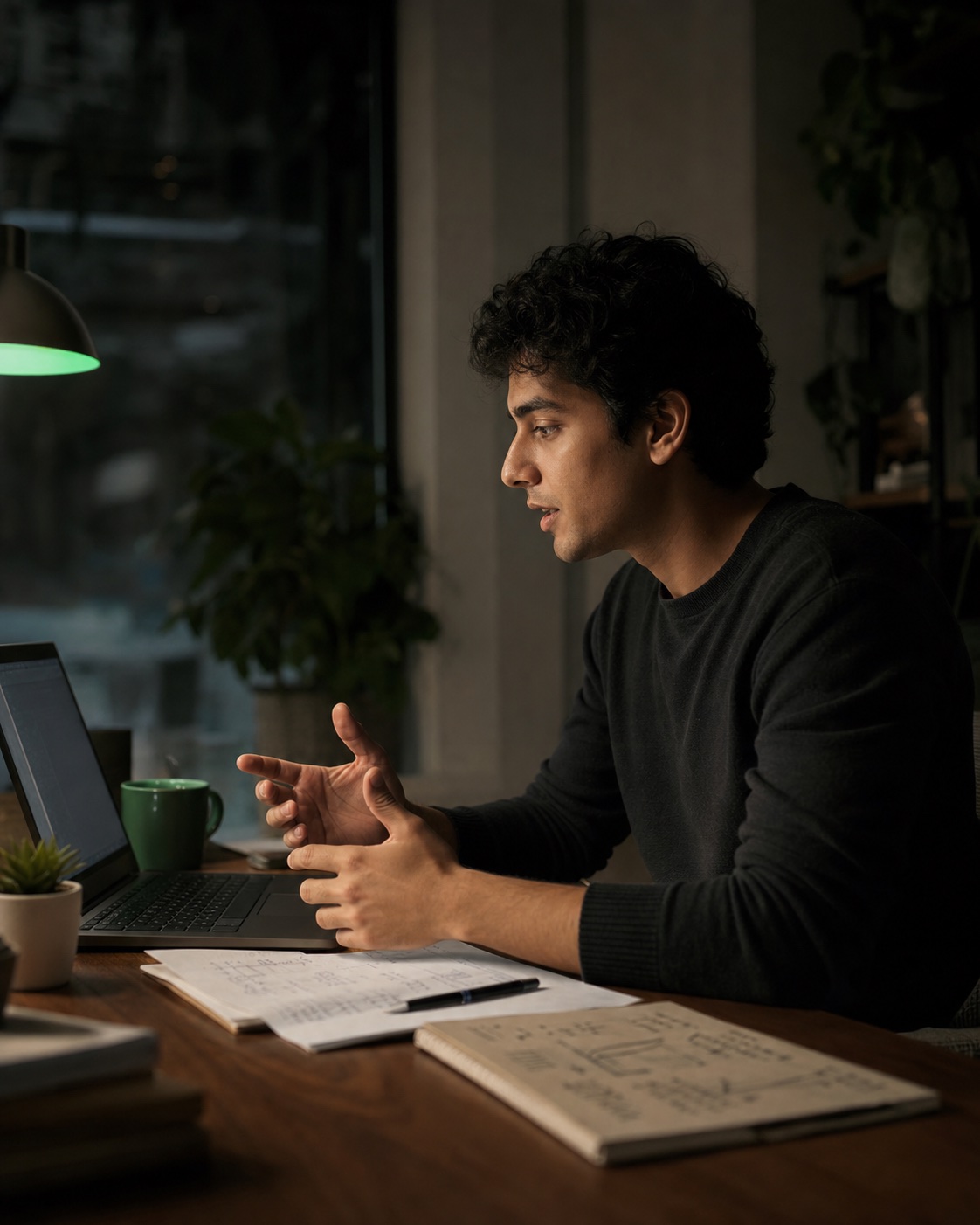 Software engineer rehearsing an interview at a laptop
