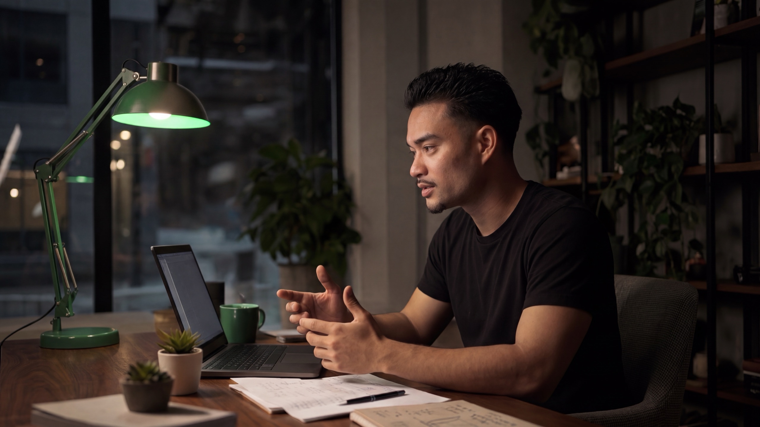 Software engineer rehearsing an interview at a laptop