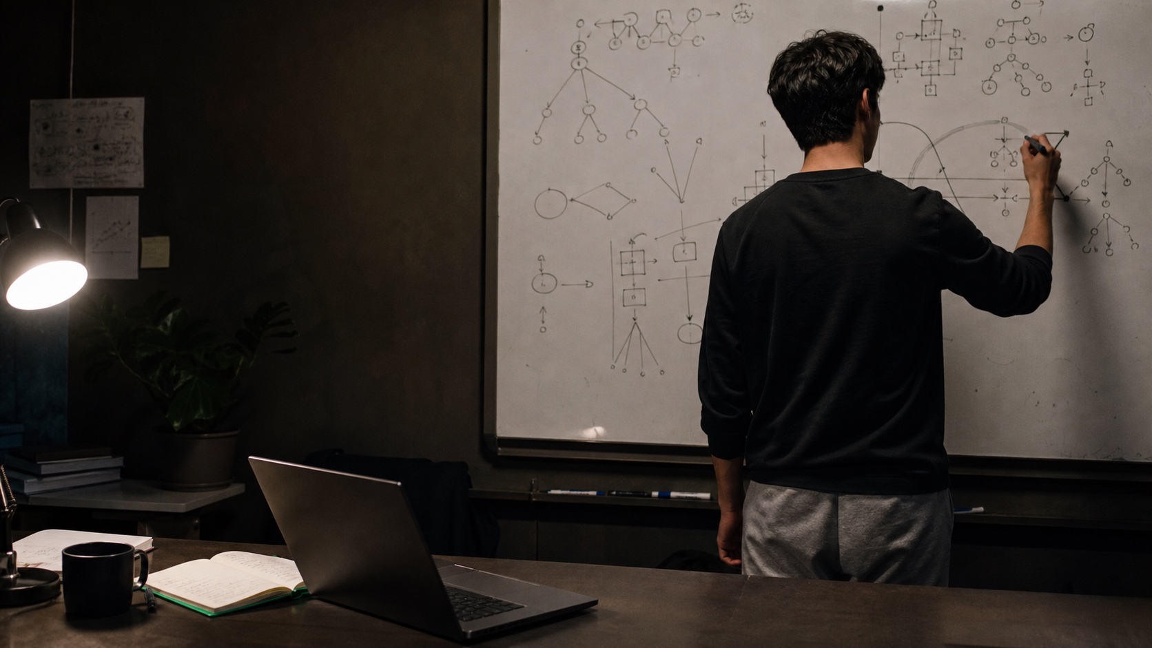 Candidate rehearsing a technical explanation at a whiteboard